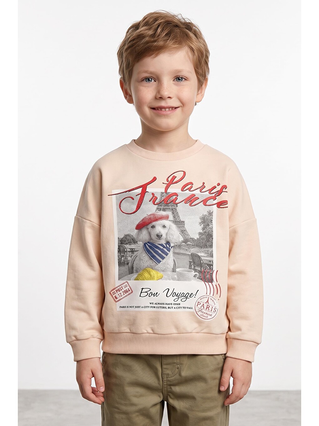 Bej Köpek Baskılı Oversize Erkek Çocuk Sweatshirt-1
