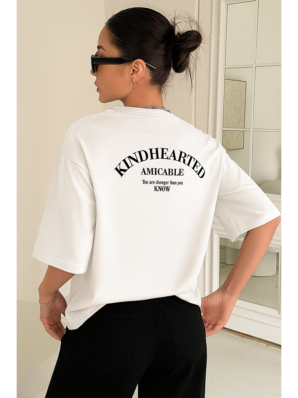 Beyaz Kadın Oversize T-shirt Pamuklu Baskılı Tişört KİND-OVERSİZE