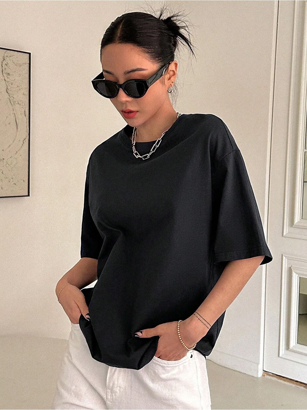 Siyah Kadın Oversize T-shirt Pamuklu Baskılı Tişört KİND-OVERSİZE-2