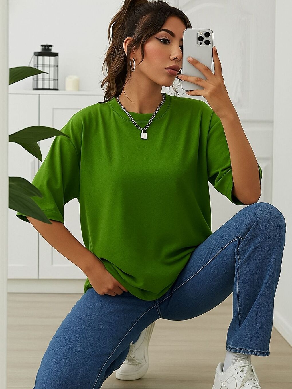 Kadın Lime Yeşili Kelebek Baskılı Oversize Tişört-1