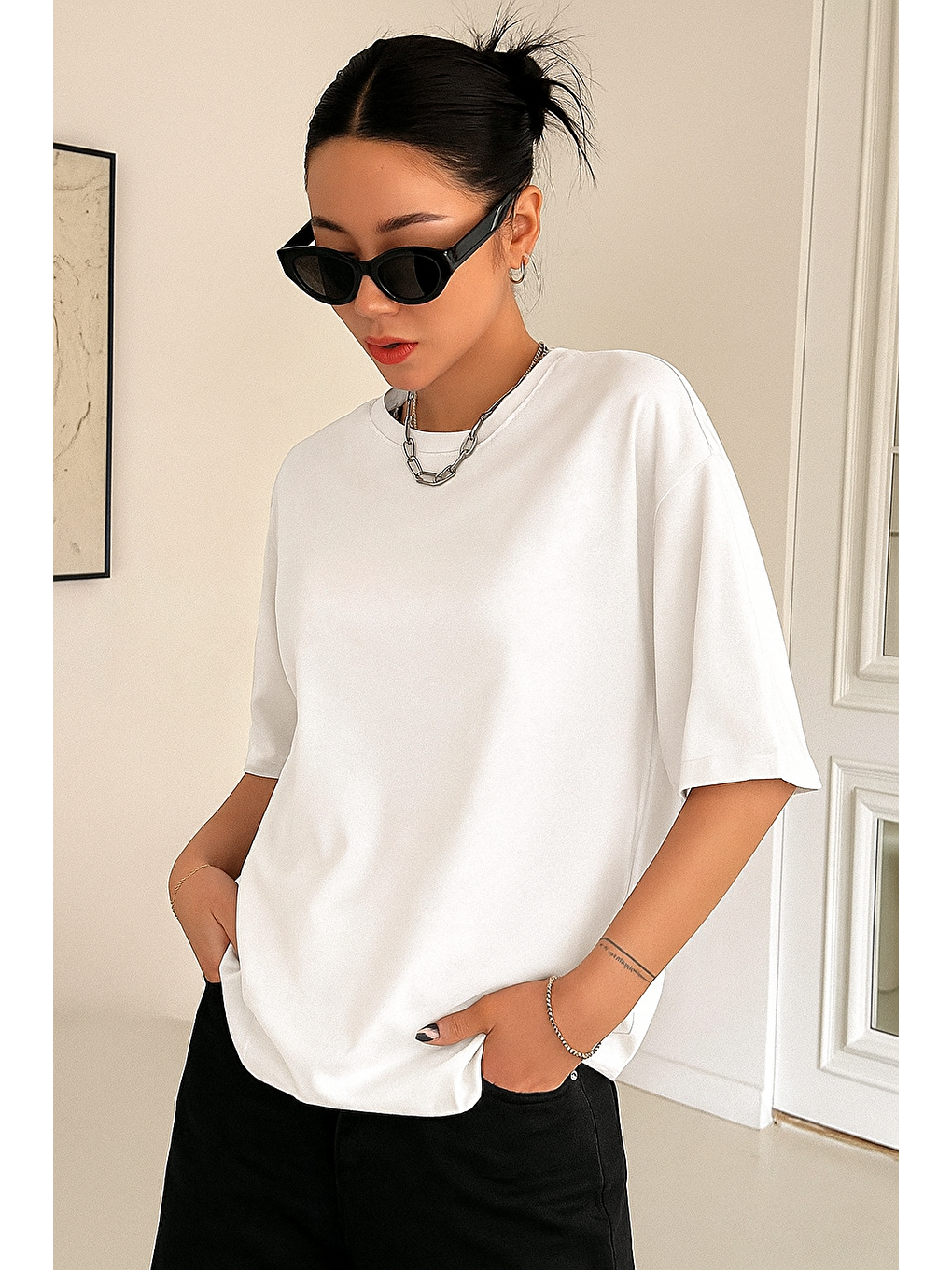 Beyaz Kadın Oversize T-shirt Pamuklu Baskılı Tişört KİND-OVERSİZE-1