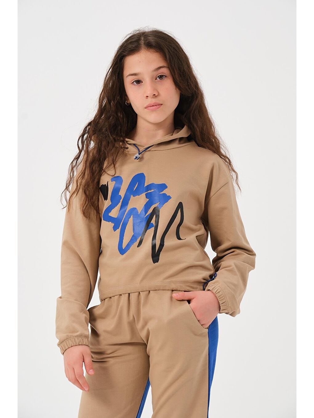 Unisex Çocuk Baskılı Kapüşonlu Sweatshirt - Bej-1