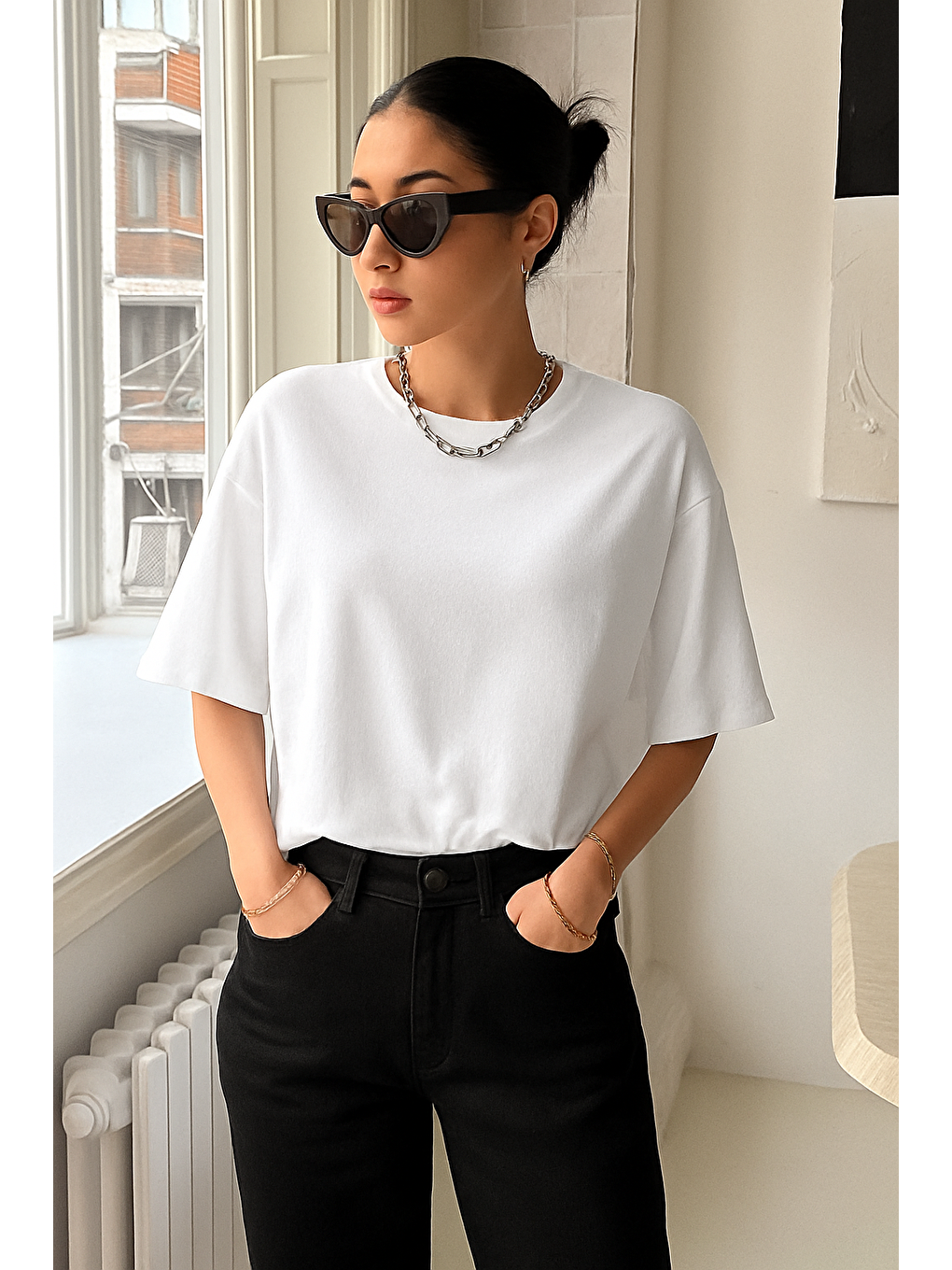 Beyaz Kadın Oversize T-shirt Pamuklu Baskılı Tişört KİND-OVERSİZE-2