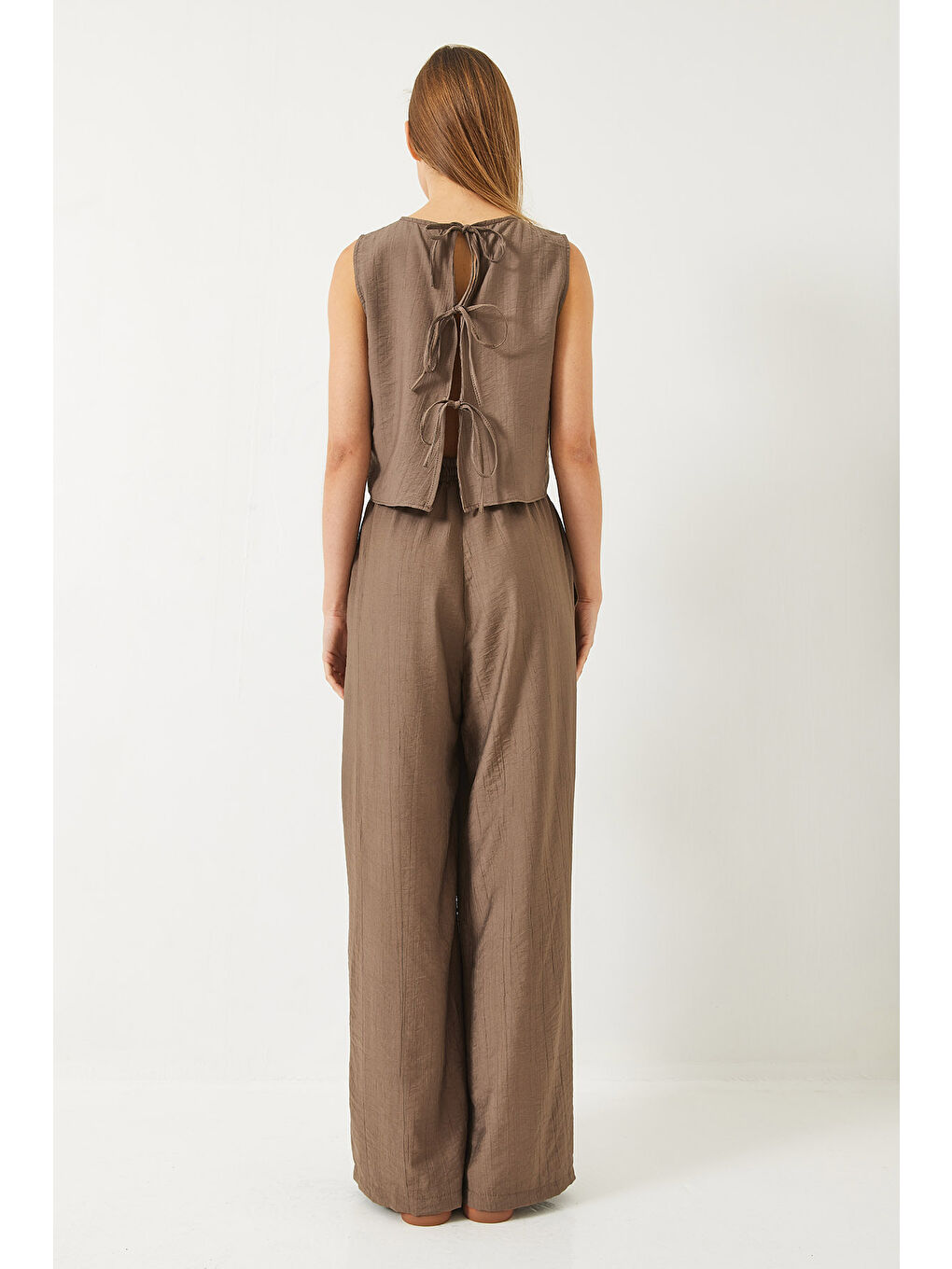 Bej Kadın Bağlama Detaylı Yelekli Yüksek Bel Pantolonlu Yazlık Alt-Üst Takım-3