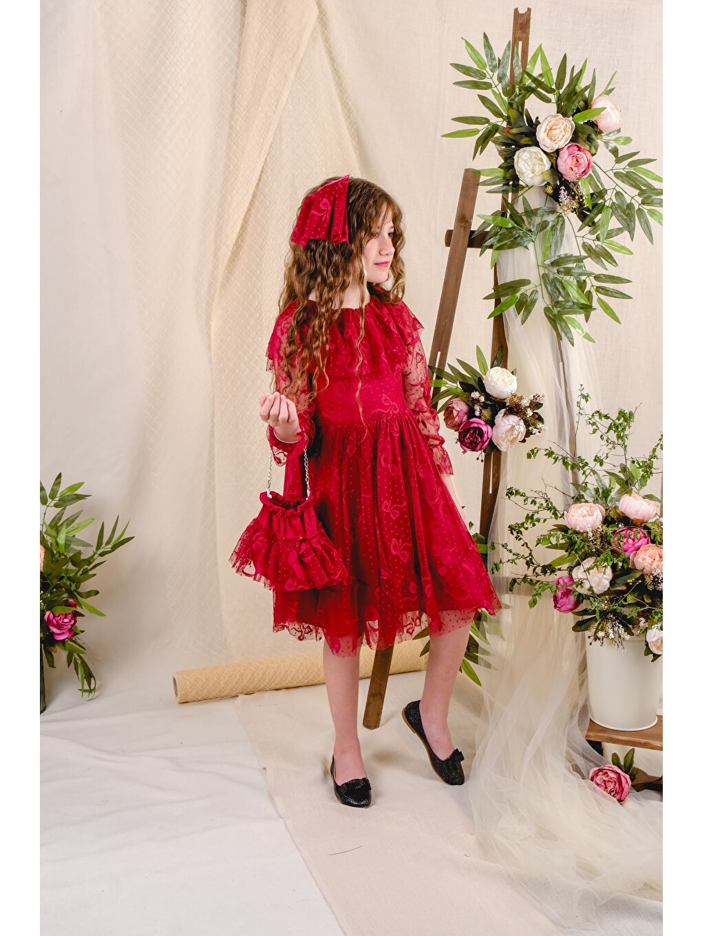 Bordo Fiyonk Desen Dantel Elbise-1