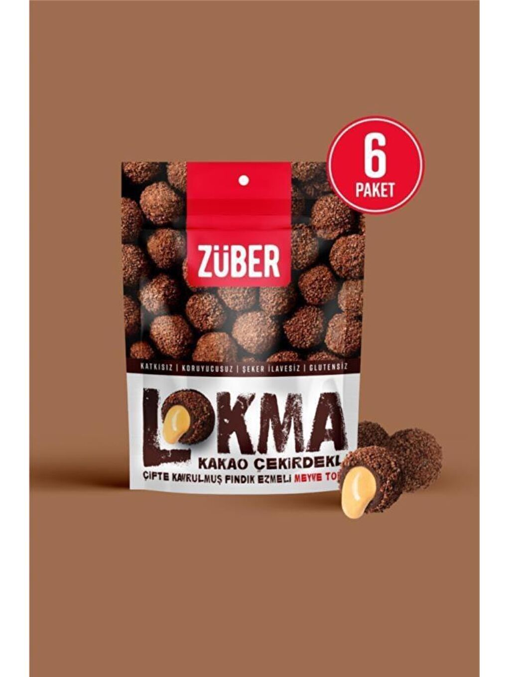 Züber Renksiz Lokma Kakao Çekirdeği Kaplı Fındık Ezmeli Meyve Topu 96g X 6 Paket - 1