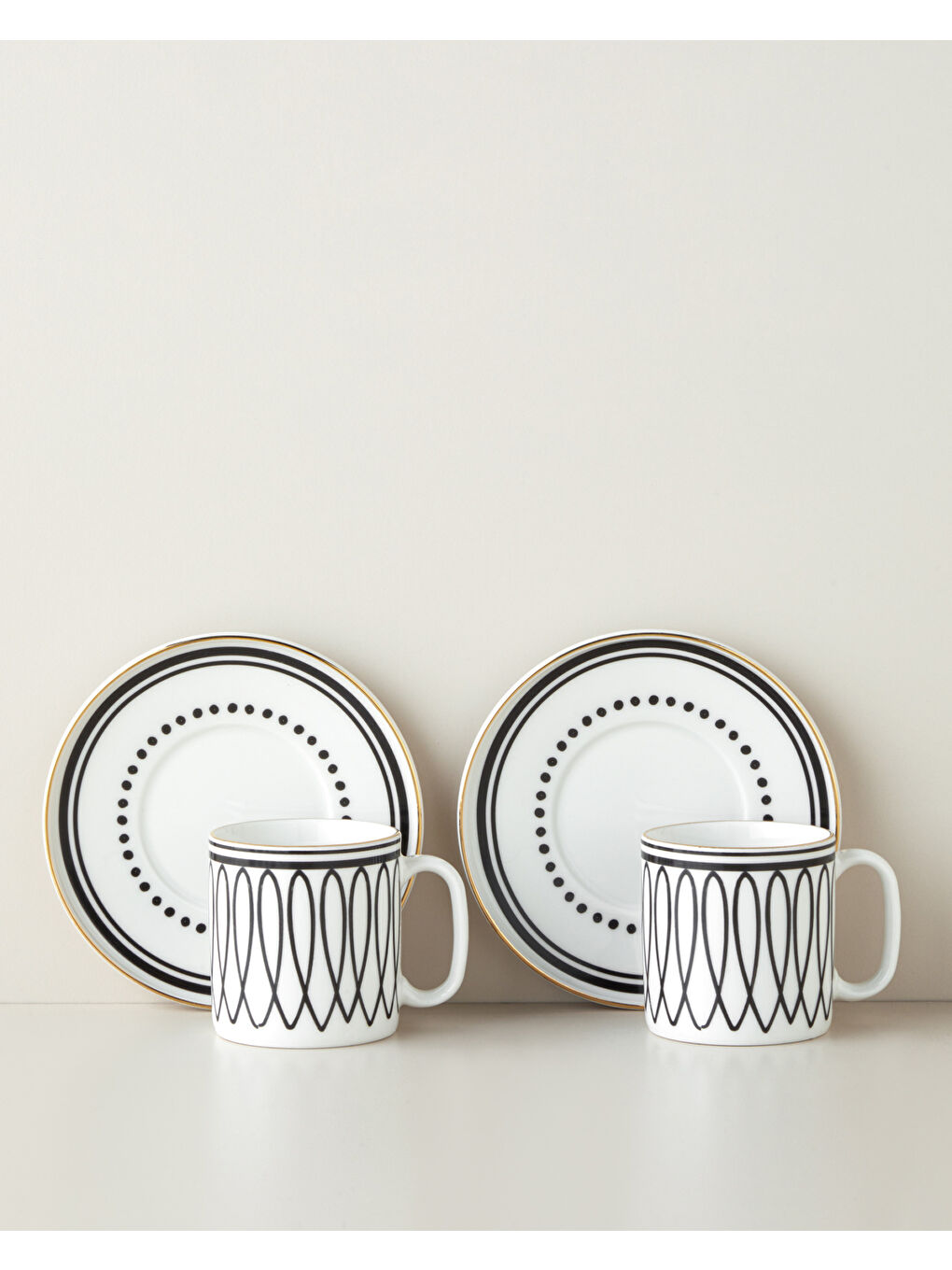 White Angles Bone Porselen 4 Parça 2 Kişilik Çay Fincanı Takımı 180 ml Siyah-Beyaz-Gold-1