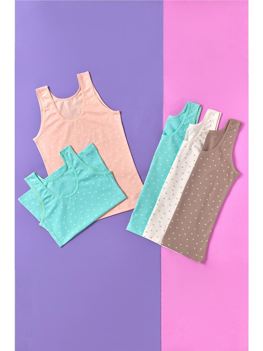 Karışık Kız Çocuk 5'Li Paket Yıldız Desenli Çok Renkli Kalın Askılı Atlet