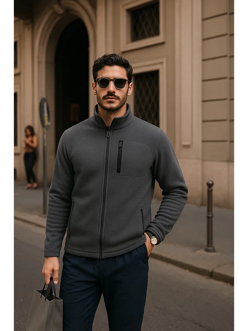 Gri Erkek Kışlık Cepli Basic Fermuarlı Füme Polar Ceket-1