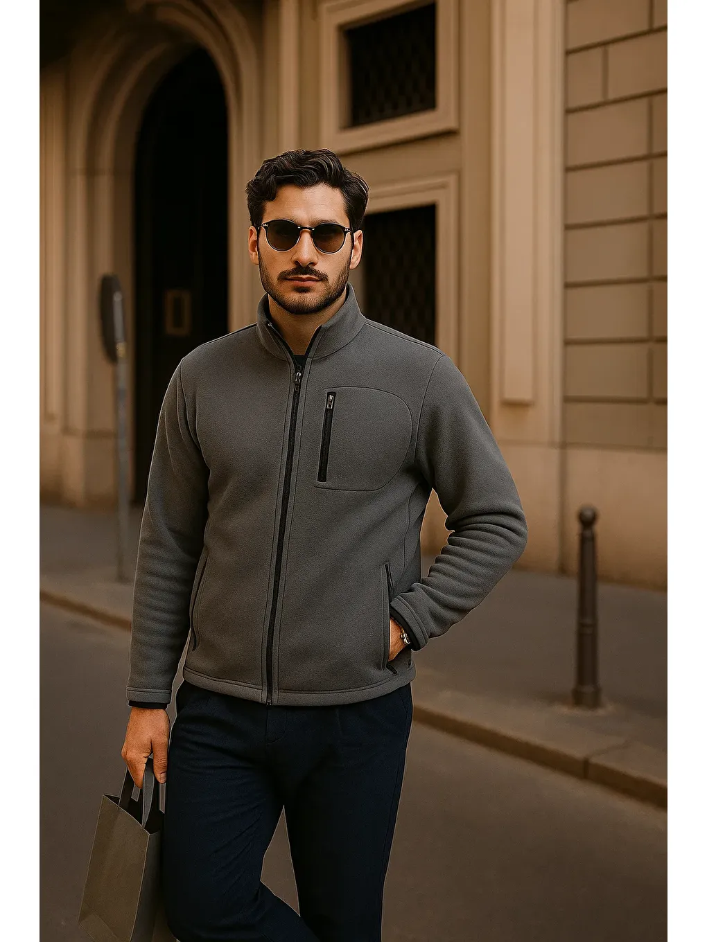 Gri Erkek Kışlık Cepli Basic Fermuarlı Füme Polar Ceket-2