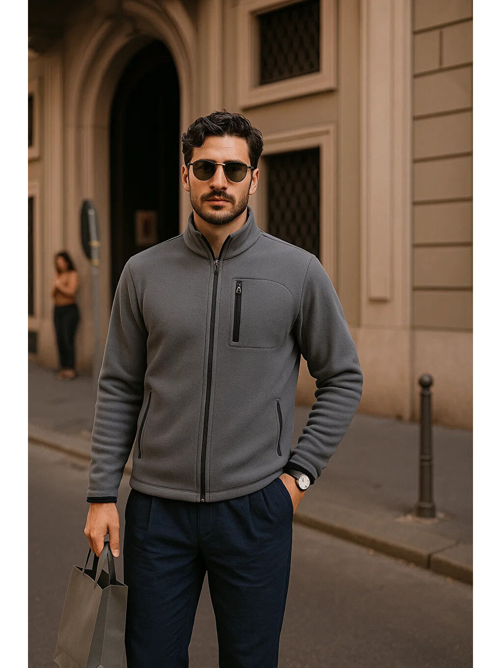 Gri Erkek Kışlık Cepli Basic Fermuarlı Füme Polar Ceket-3