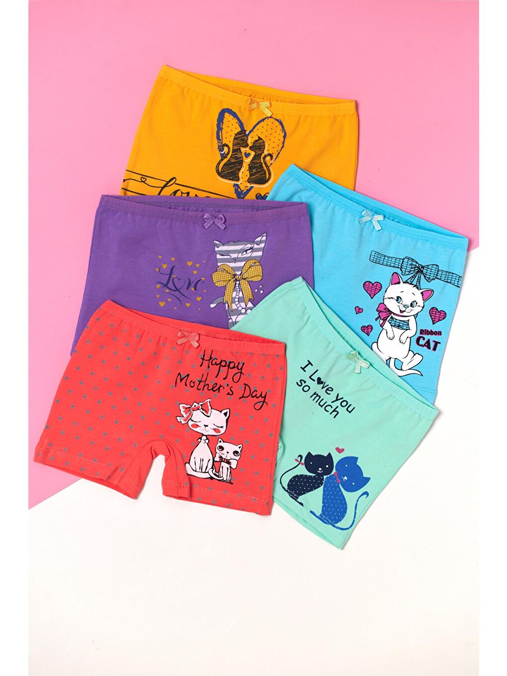 Karışık Kız Çocuk 5'Li Paket Kedi Desenli Boxer