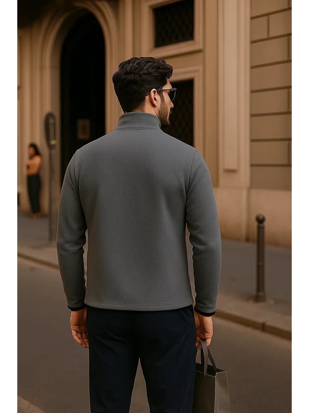Gri Erkek Kışlık Cepli Basic Fermuarlı Füme Polar Ceket-5
