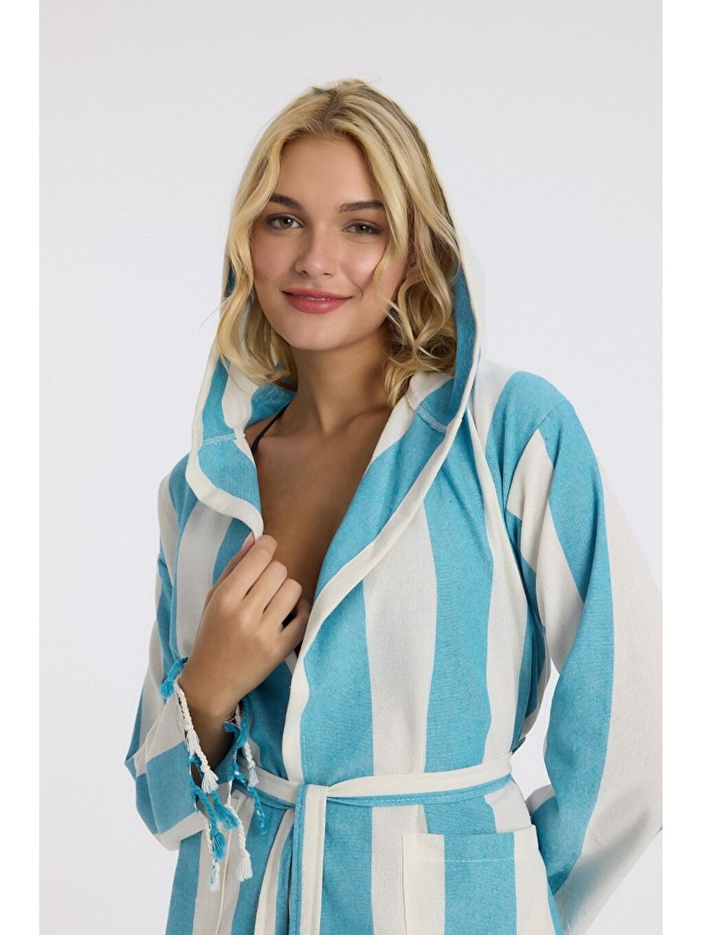 Mavi Striped Peştemal Bornoz Banyo ve Plaj Elbisesi-1