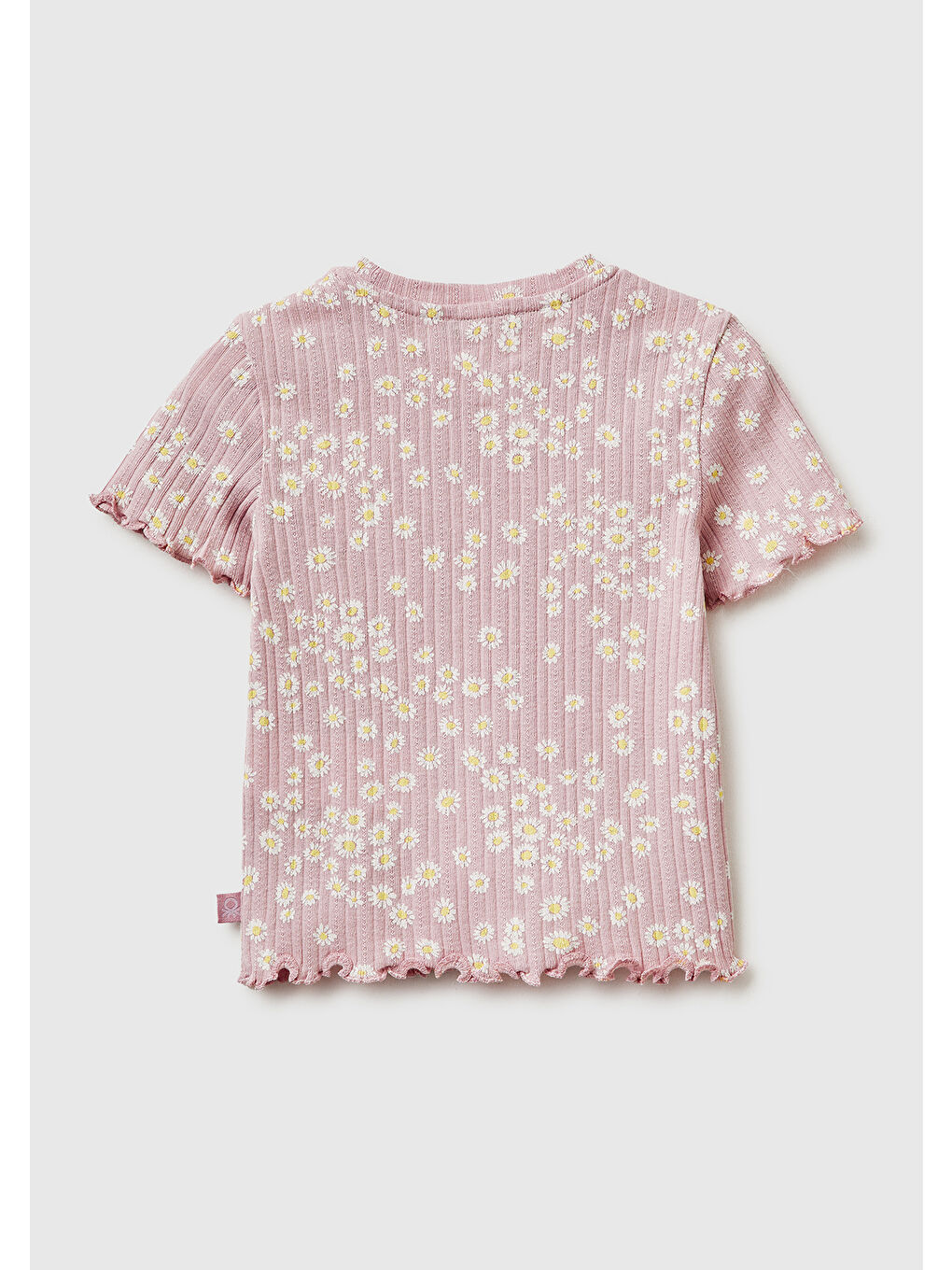 Pembe Kız Çocuk Gül Kurusu Logolu Baskılı Fırfır Detaylı Ribanalı Bisiklet Yaka T-Shirt-1
