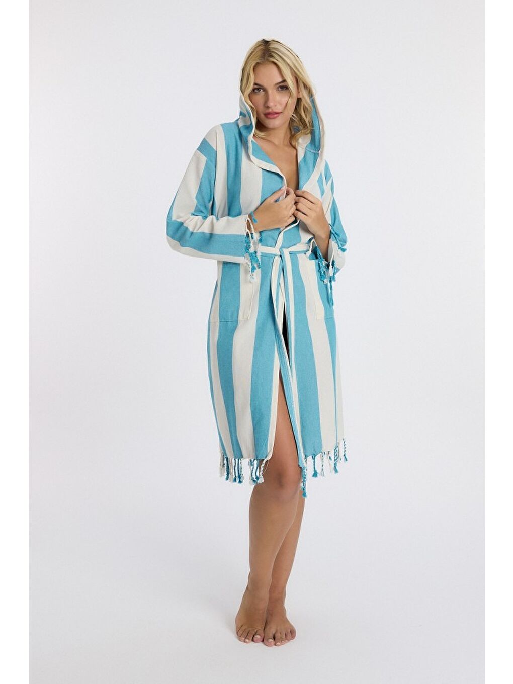 Mavi Striped Peştemal Bornoz Banyo ve Plaj Elbisesi-2