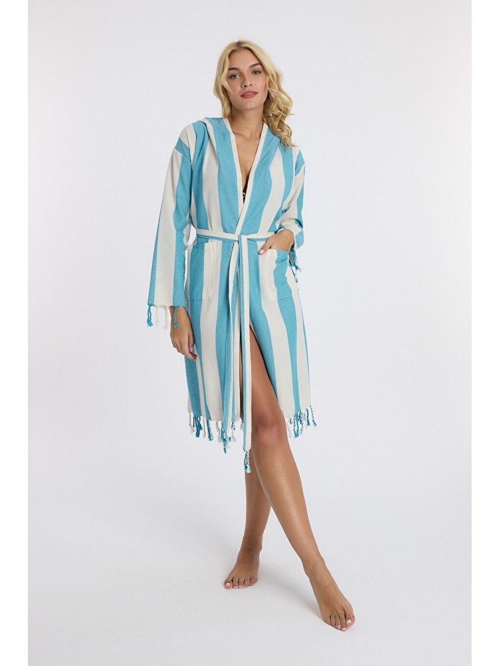 Mavi Striped Peştemal Bornoz Banyo ve Plaj Elbisesi-3