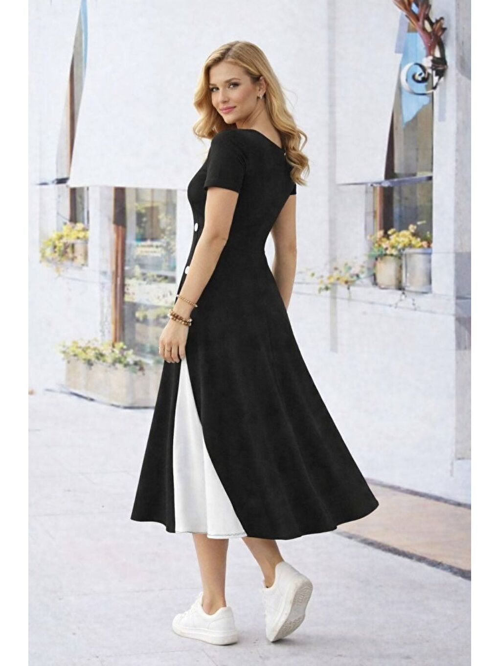 Siyah Kadın Kısa Kollu Asimetrik Yakalı Düğme Detaylı Midi Viskon Elbise-2