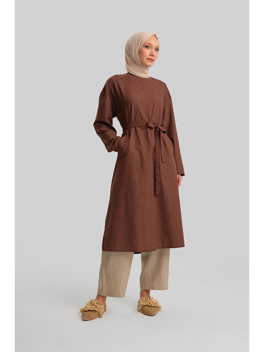 Kemerli Pamuk Tunik  24Y4103 Kahverengi-3