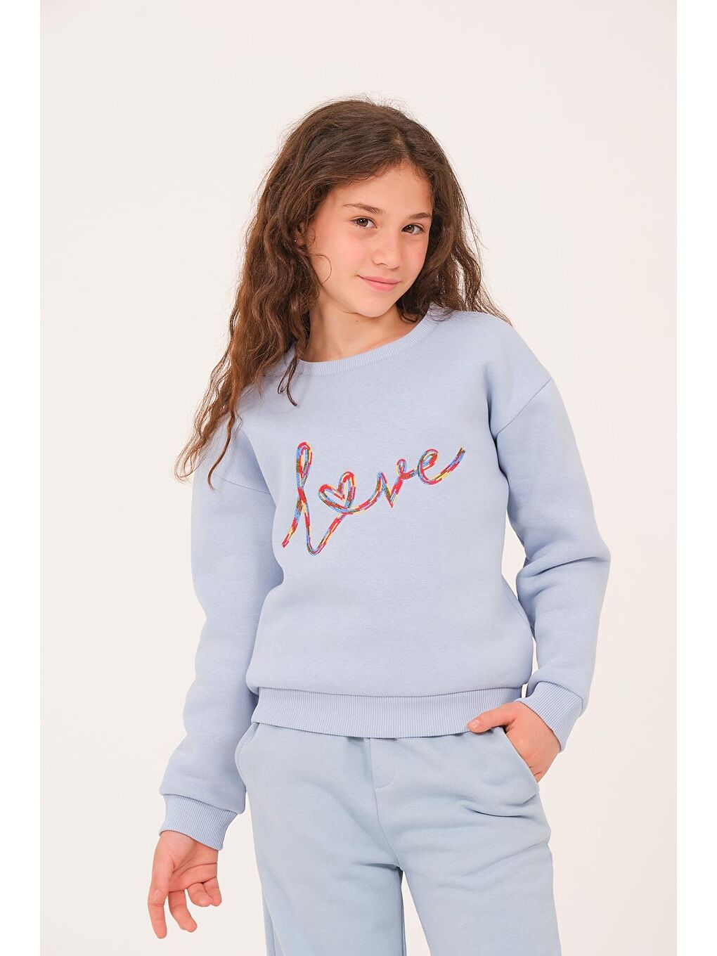 Genç Kız Çocuk Nakış Detaylı Sweatshirt - Bebek Mavisi