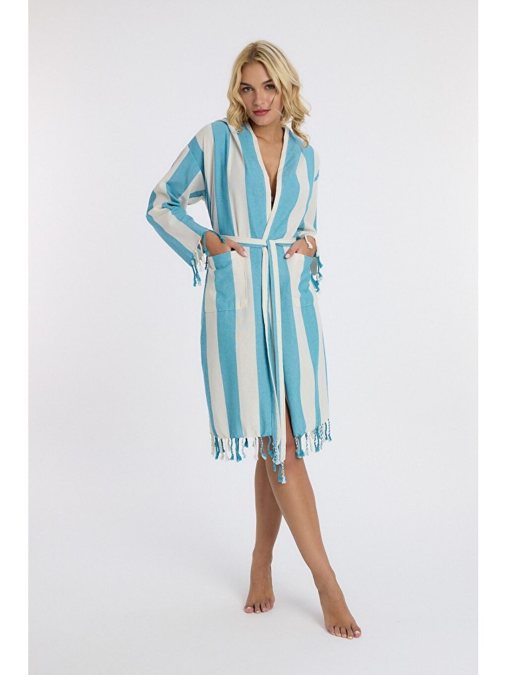 Mavi Striped Peştemal Bornoz Banyo ve Plaj Elbisesi-5