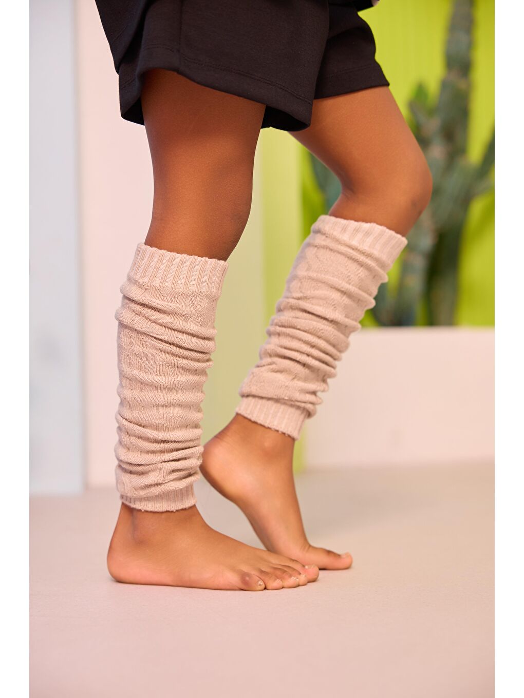 Kız Çocuk Örgü Desenli Tozluk Bej Melanj