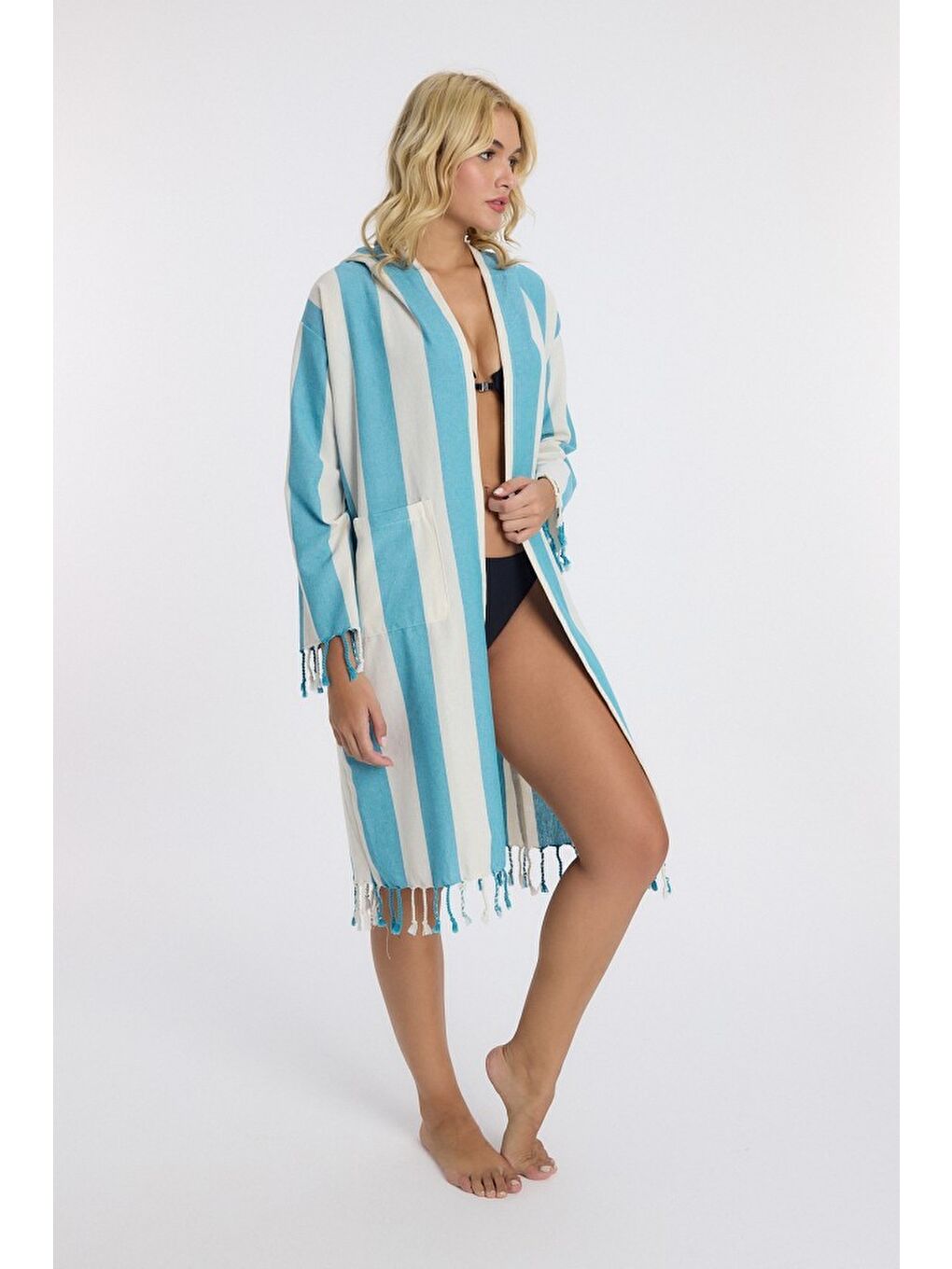 Mavi Striped Peştemal Bornoz Banyo ve Plaj Elbisesi-6
