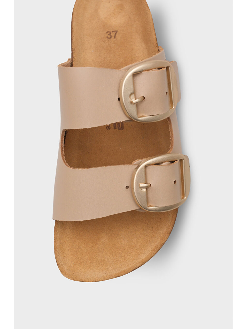 Bej Cathie İki Büyük Tokalı Anatomik Mantar Tabanlı Deri Terlik-2