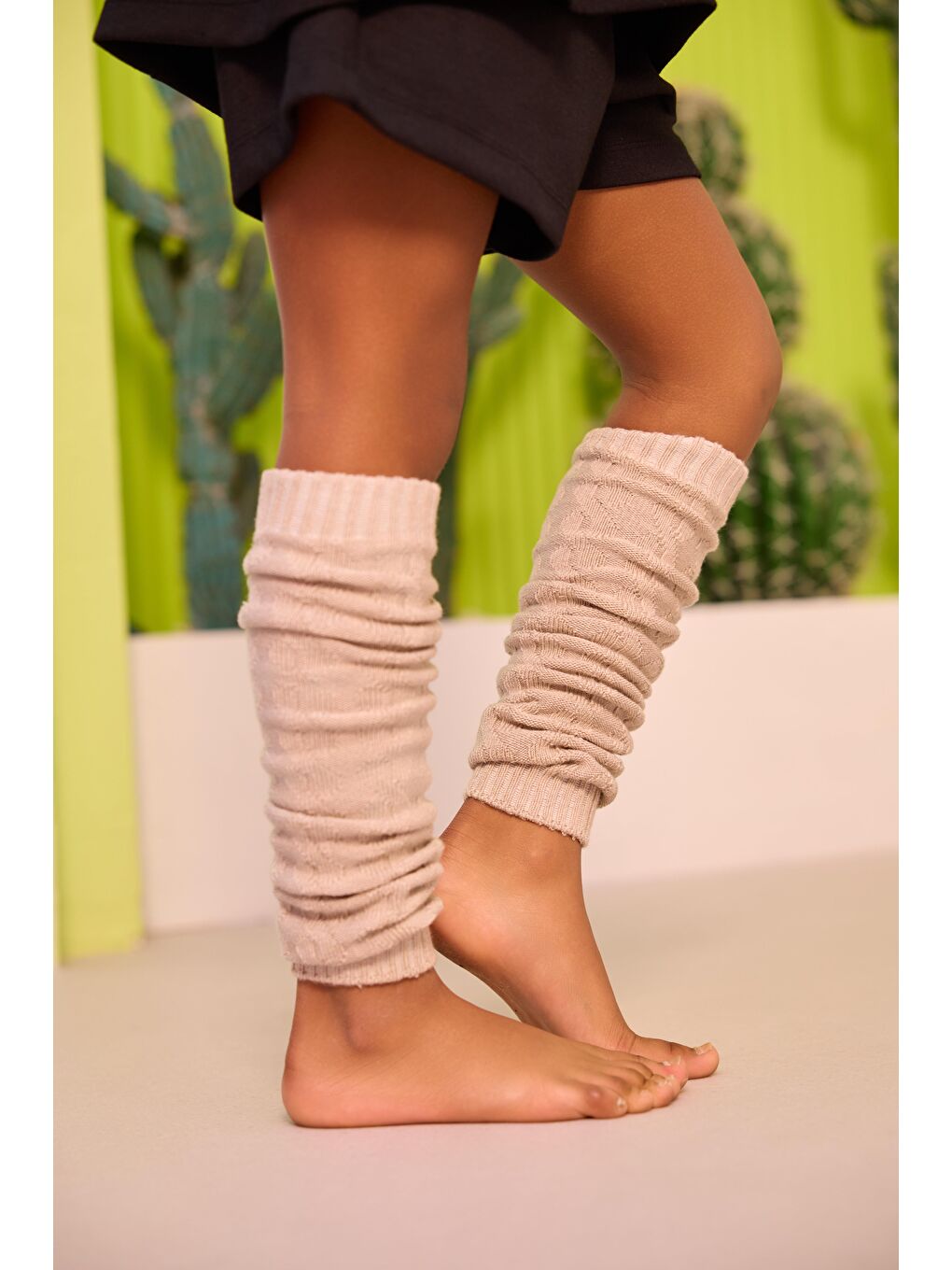 Kız Çocuk Örgü Desenli Tozluk Bej Melanj-1