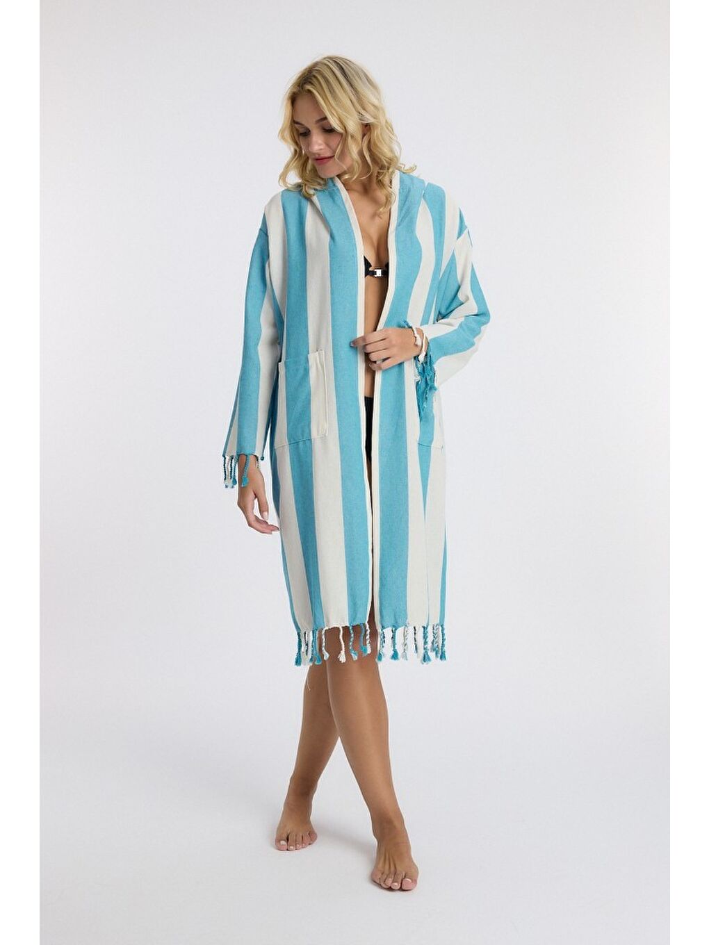 Mavi Striped Peştemal Bornoz Banyo ve Plaj Elbisesi-7