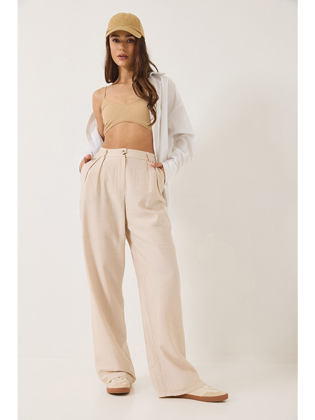 Bej Kadın Cep Detaylı Palazzo Kumaş Pantolon-2