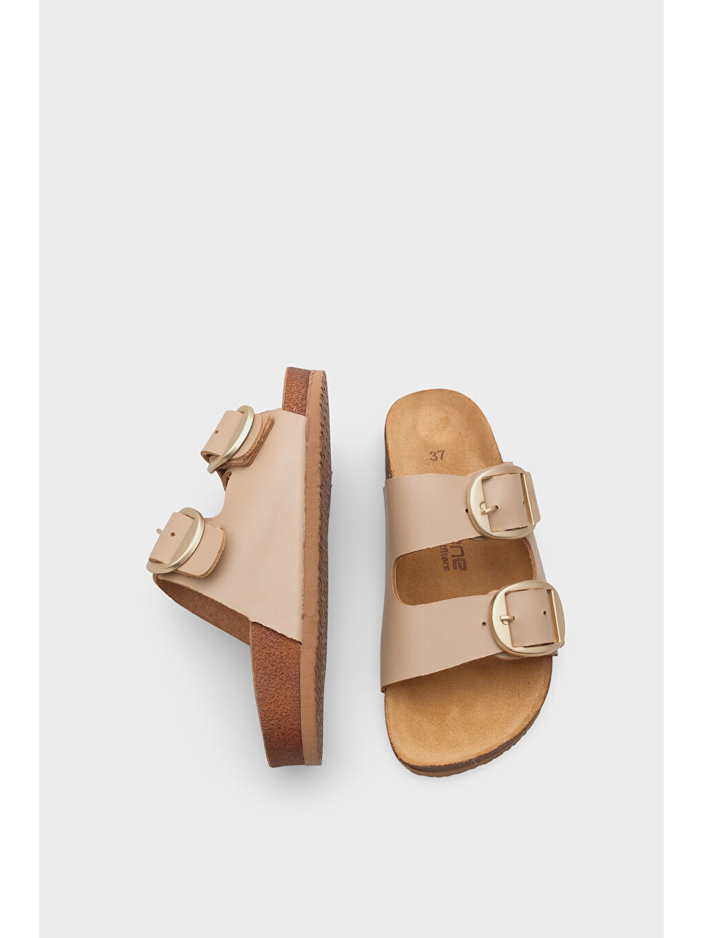 Bej Cathie İki Büyük Tokalı Anatomik Mantar Tabanlı Deri Terlik-4