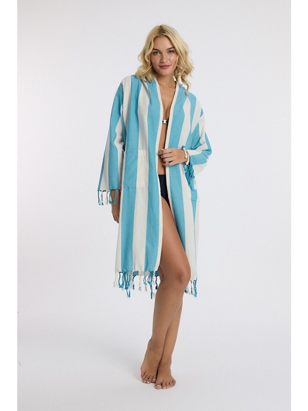 Mavi Striped Peştemal Bornoz Banyo ve Plaj Elbisesi-8