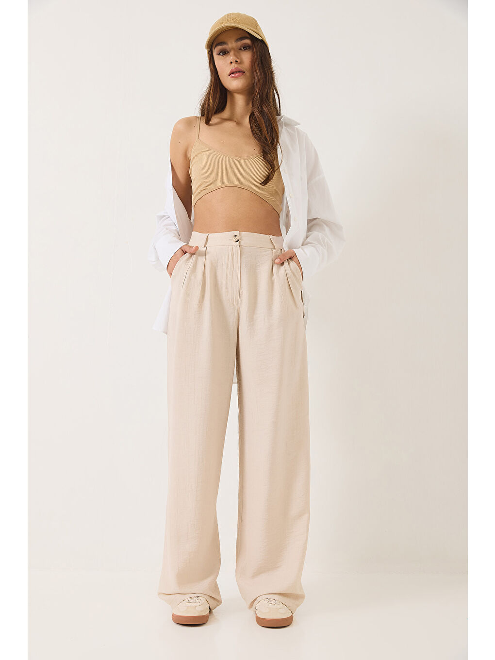 Bej Kadın Cep Detaylı Palazzo Kumaş Pantolon-4