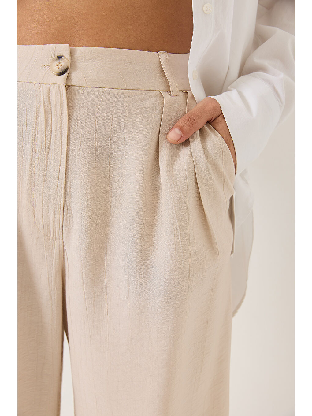 Bej Kadın Cep Detaylı Palazzo Kumaş Pantolon-5