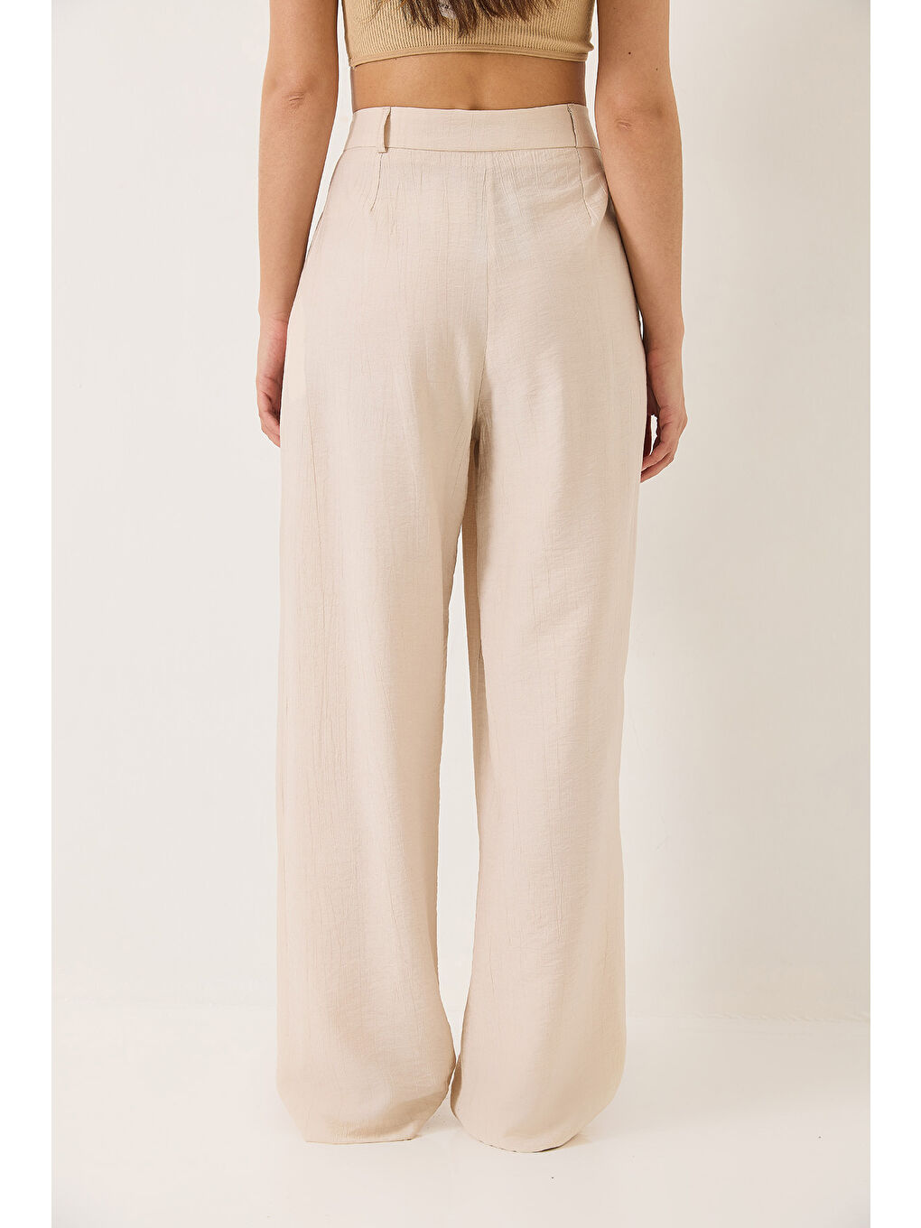 Bej Kadın Cep Detaylı Palazzo Kumaş Pantolon-6