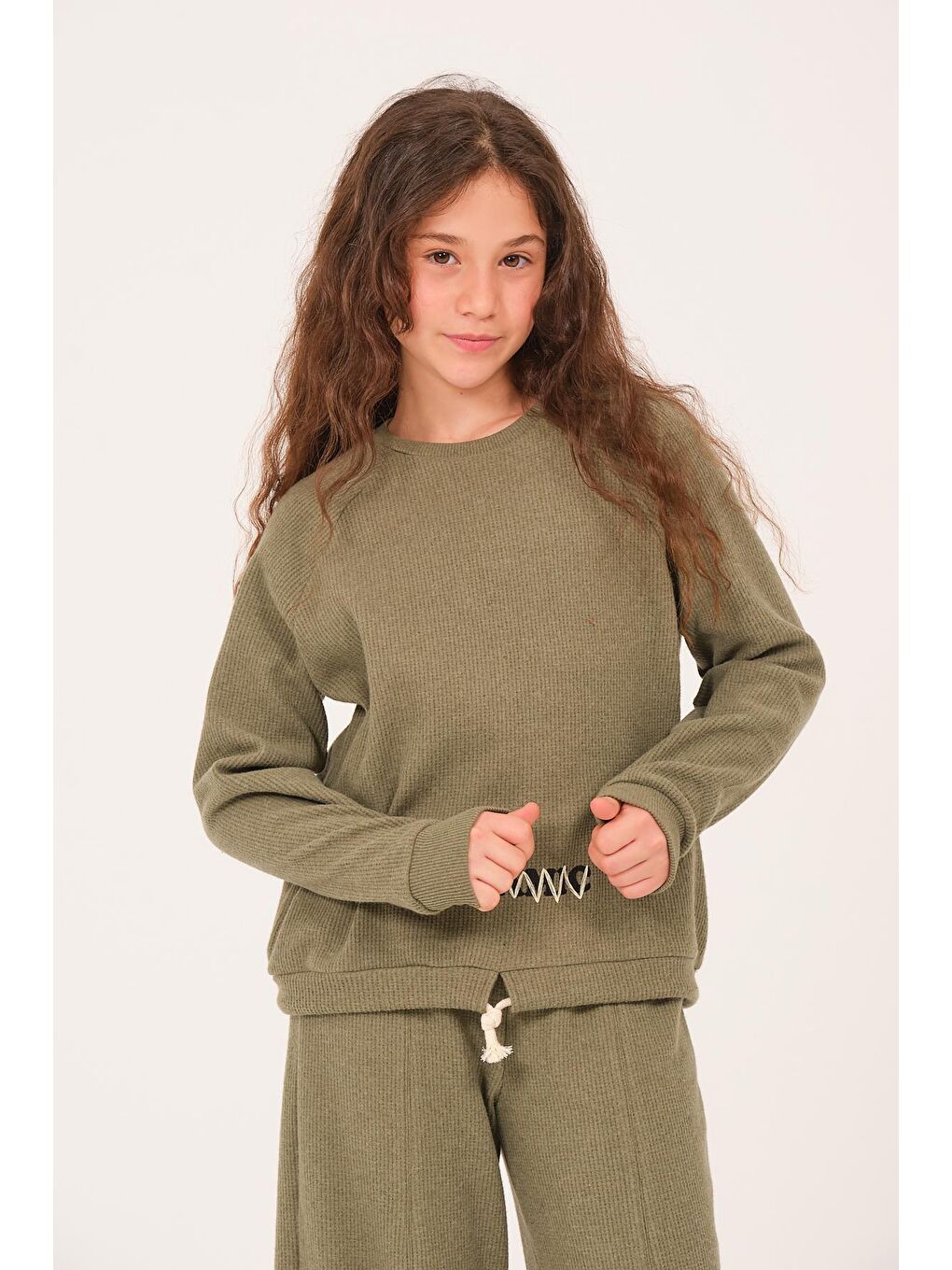 Genç Kız Çocuk Baskılı Sweatshirt - Haki-3