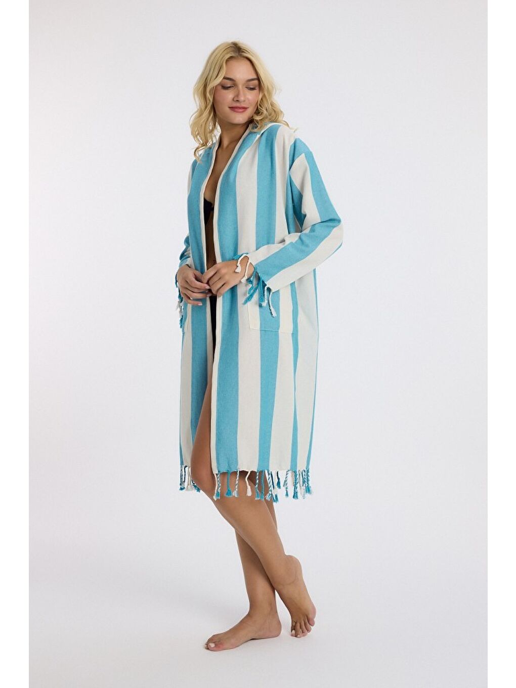 Mavi Striped Peştemal Bornoz Banyo ve Plaj Elbisesi-9