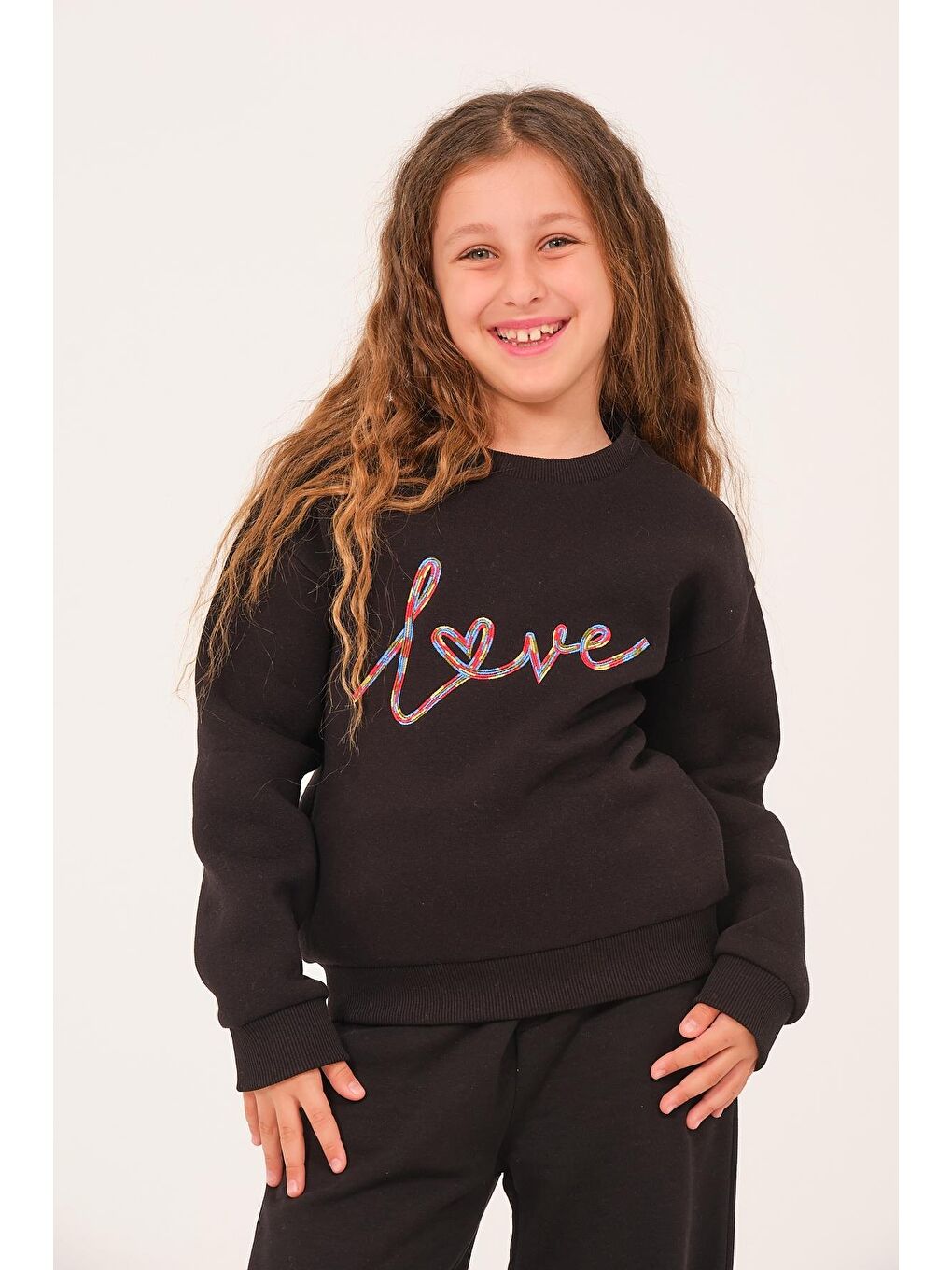 Genç Kız Çocuk Nakış Detaylı Sweatshirt - Siyah