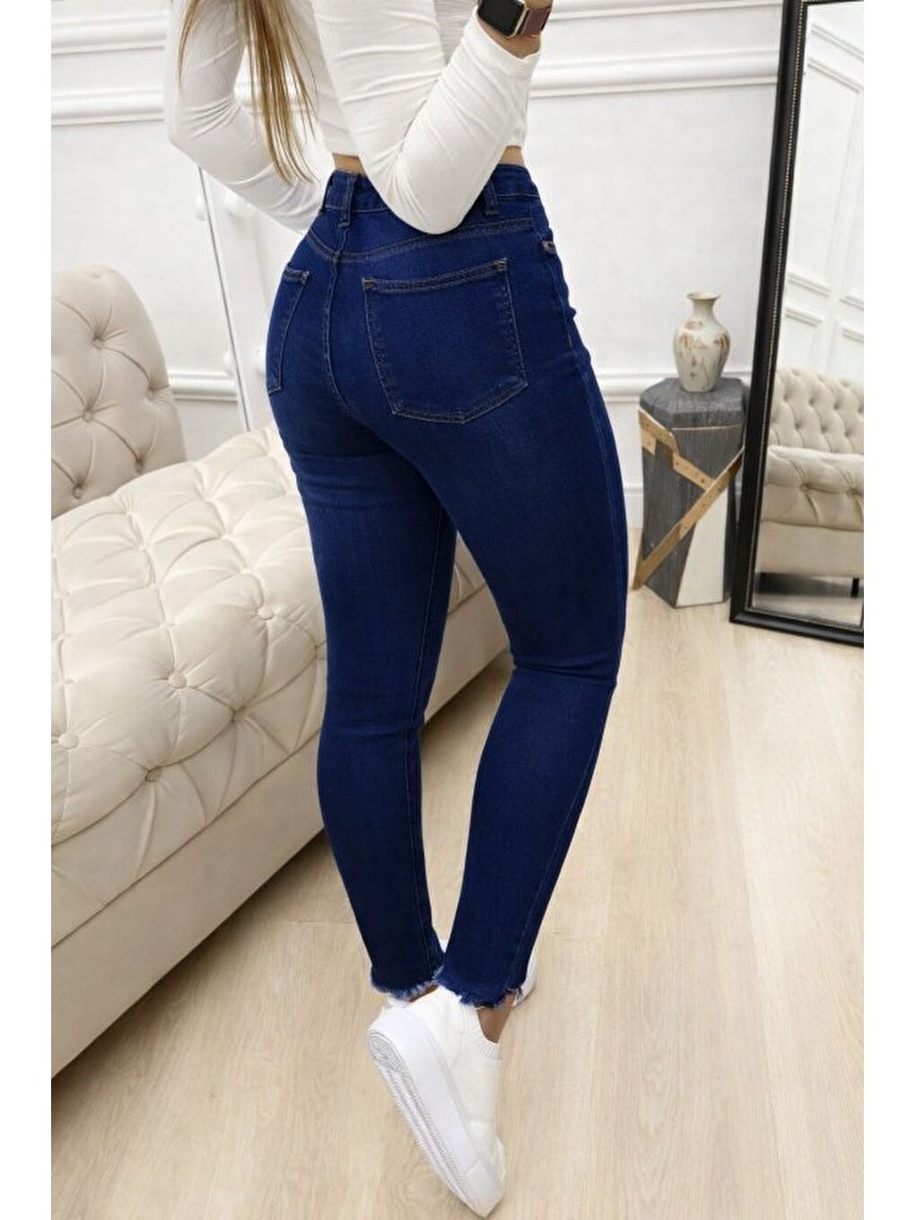 Lacivert Kadın Yüksek Bel Yırtık Desenli Skınny Jean Pantolon-1