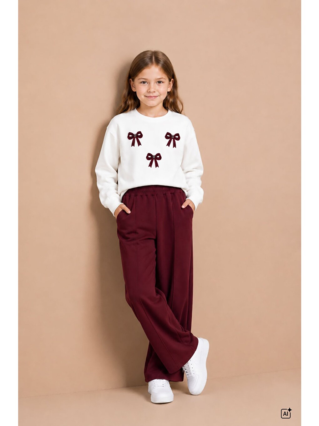 Bordo Kız Çocuk Fiyonk Desenli Sweatshirt Geniş Paça Eşofman Takımı 24828