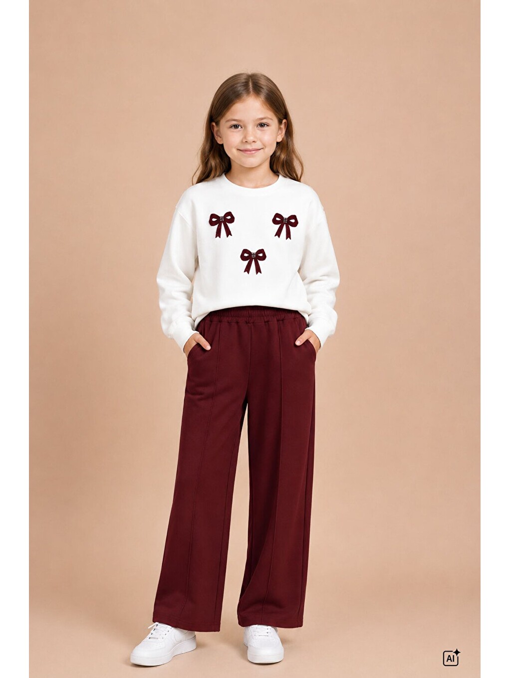 Bordo Kız Çocuk Fiyonk Desenli Sweatshirt Geniş Paça Eşofman Takımı 24828-1
