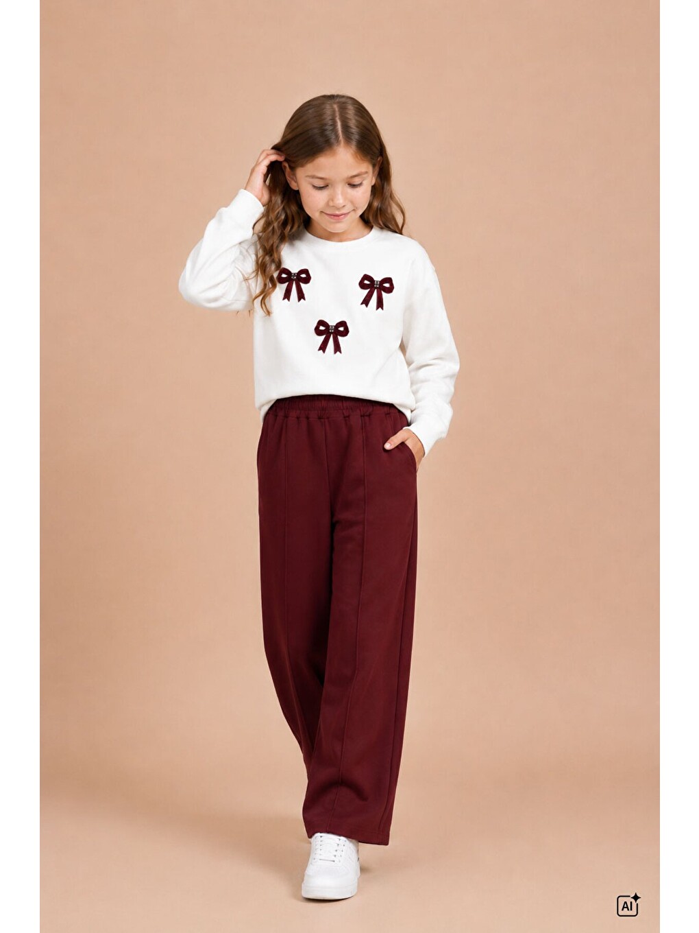 Bordo Kız Çocuk Fiyonk Desenli Sweatshirt Geniş Paça Eşofman Takımı 24828-2