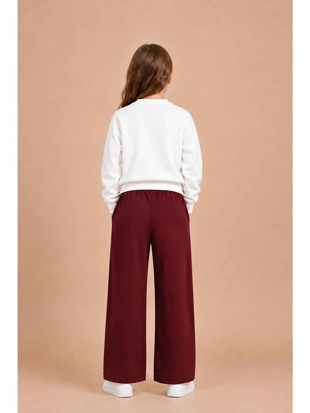 Bordo Kız Çocuk Fiyonk Desenli Sweatshirt Geniş Paça Eşofman Takımı 24828-3
