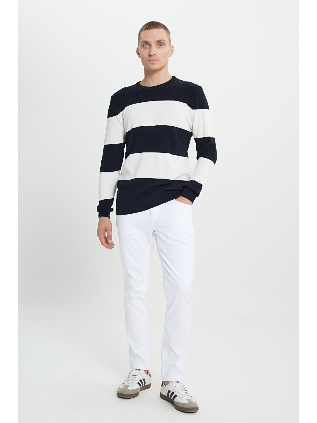 Erkek Lacivert-Ekru Anti-Pilling Tüylenme Yapmayan Standart Fit Normal Kesim Bisiklet Yaka-1