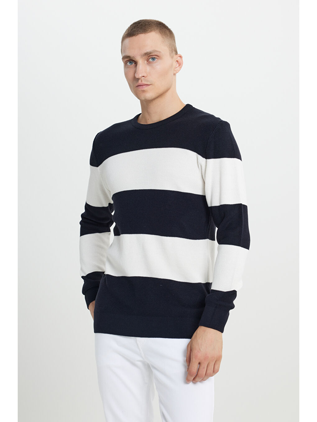 Erkek Lacivert-Ekru Anti-Pilling Tüylenme Yapmayan Standart Fit Normal Kesim Bisiklet Yaka-2