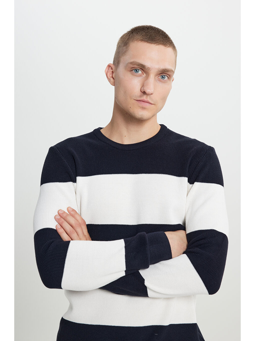 Erkek Lacivert-Ekru Anti-Pilling Tüylenme Yapmayan Standart Fit Normal Kesim Bisiklet Yaka-3