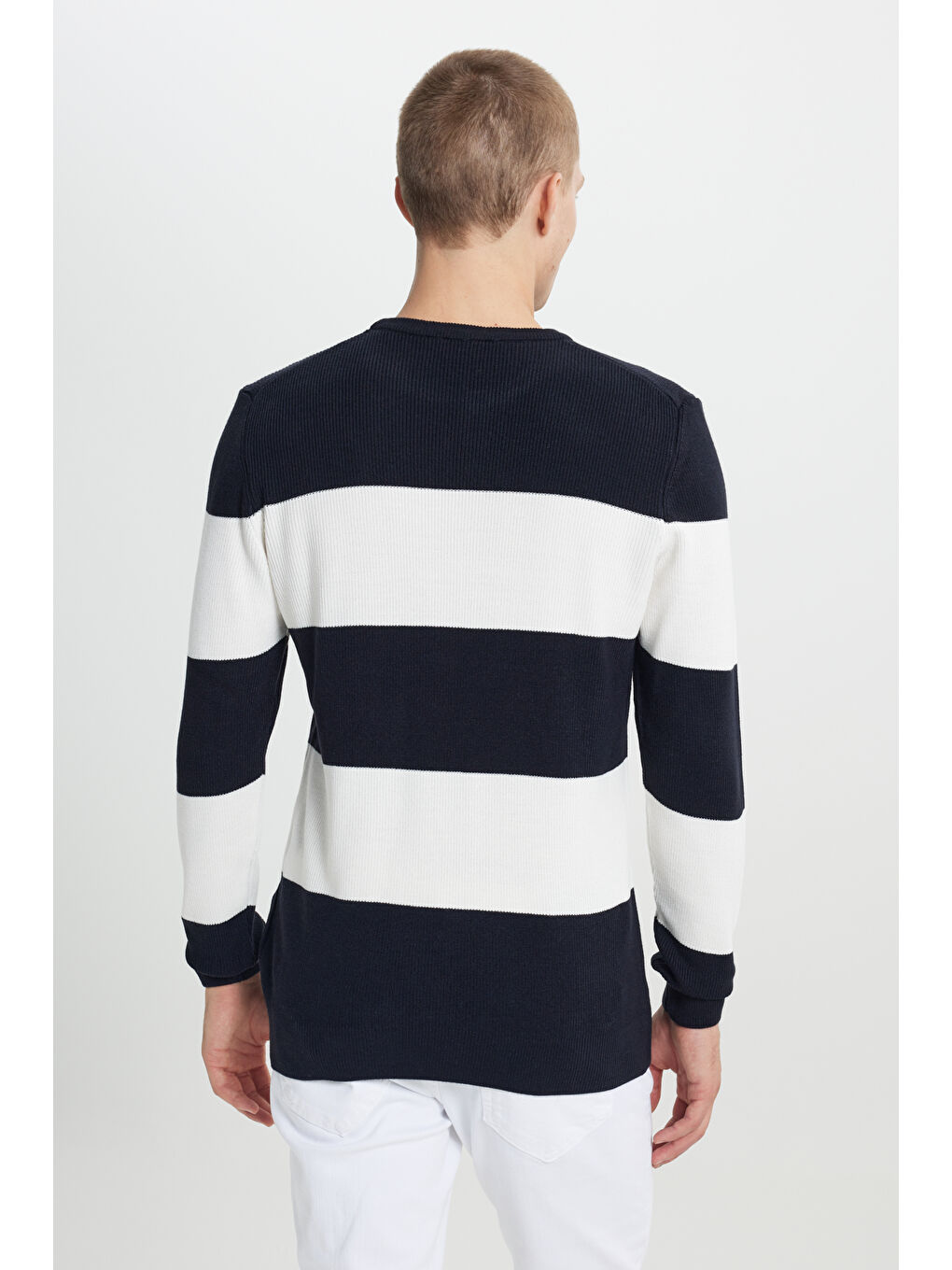 Erkek Lacivert-Ekru Anti-Pilling Tüylenme Yapmayan Standart Fit Normal Kesim Bisiklet Yaka-4