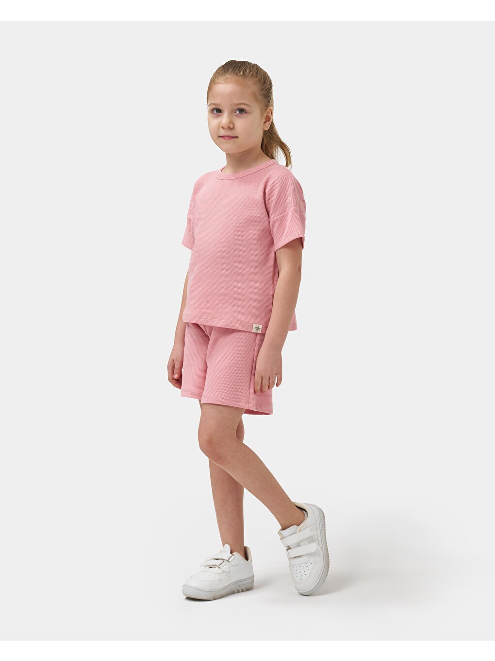 Kız Çocuk Pamuklu Pembe Dokulu T-Shirt Şort Takım