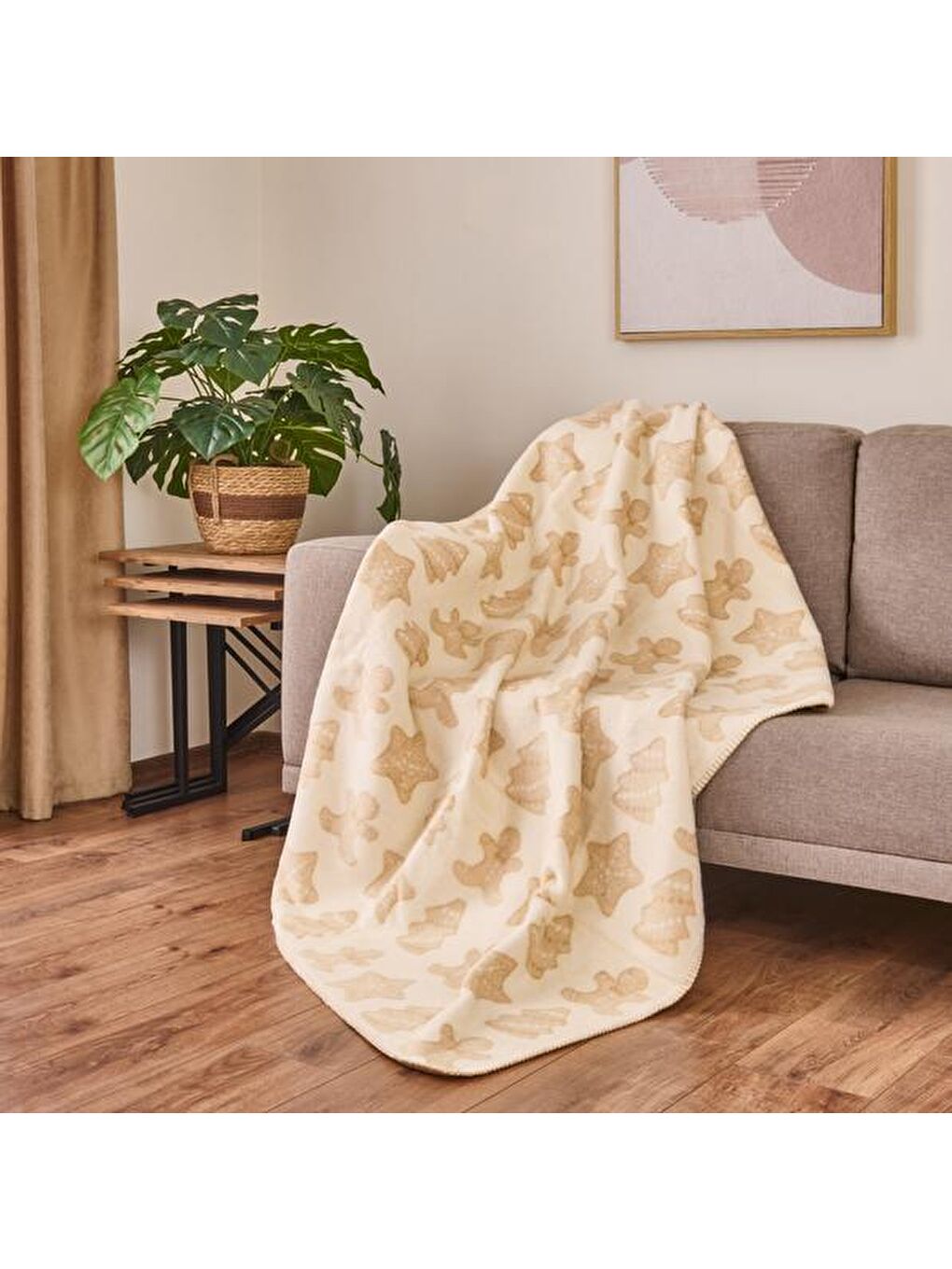 Soft Yeni Yıl Temalı Pamuklu Tv Battaniyesi - Bej - 130x170 cm
